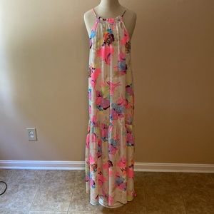 Floral Motif in shades of  Pink, Blue, Purple, Green & Yellow on Light Tan